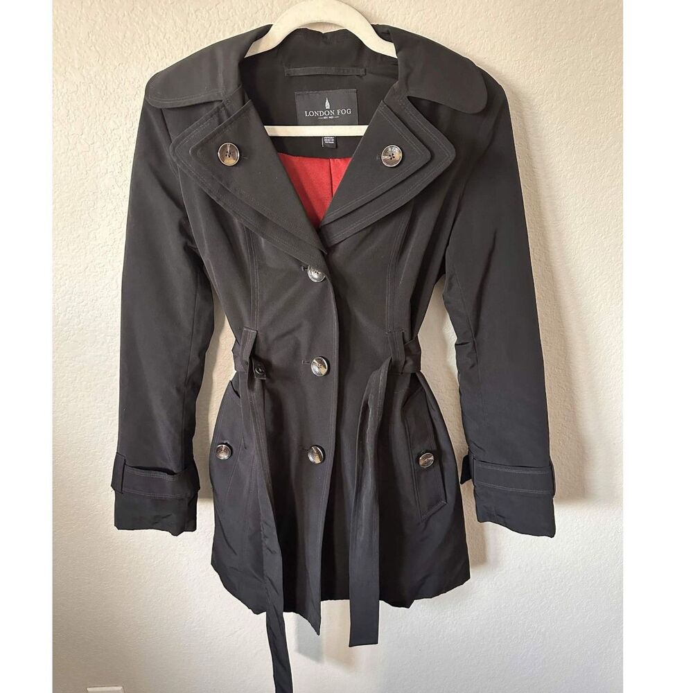 London Fog Womens XXS Black Hooded Belted Trench Coat Rain Jacket Pea Coat - Picture 2 of 7